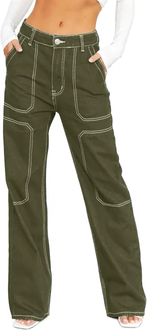 Sidefeel Women's Cargo Jeans Casual Loose Mid Rise Wide Leg Denim Pants