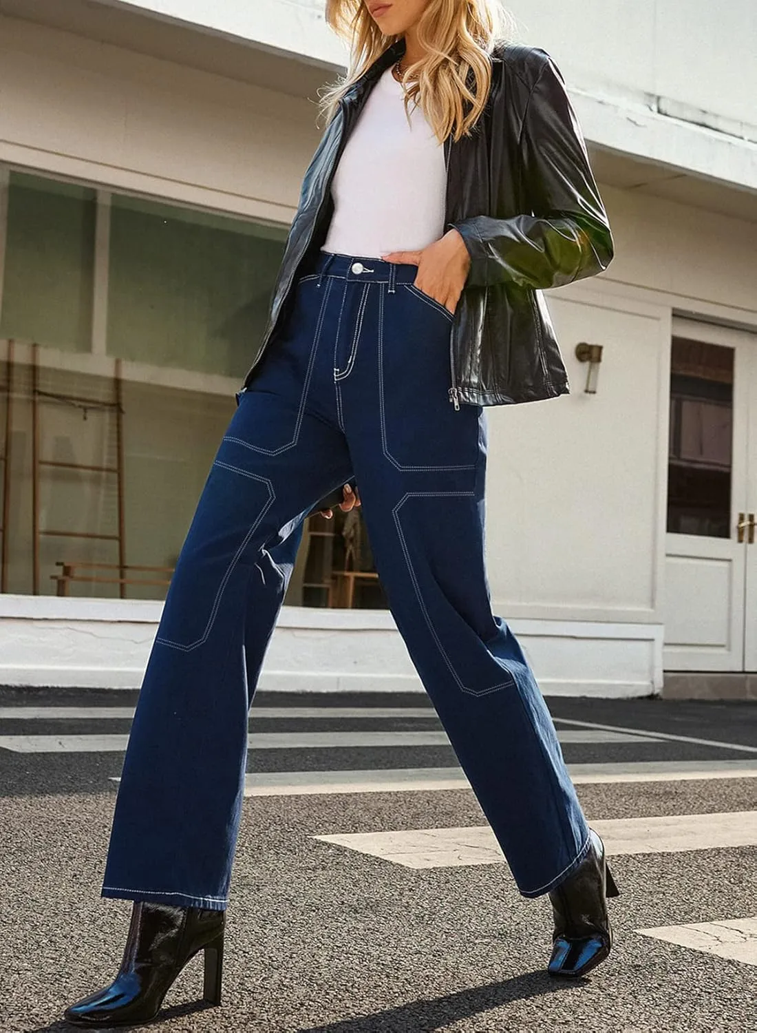 Sidefeel Women's Cargo Jeans Casual Loose Mid Rise Wide Leg Denim Pants