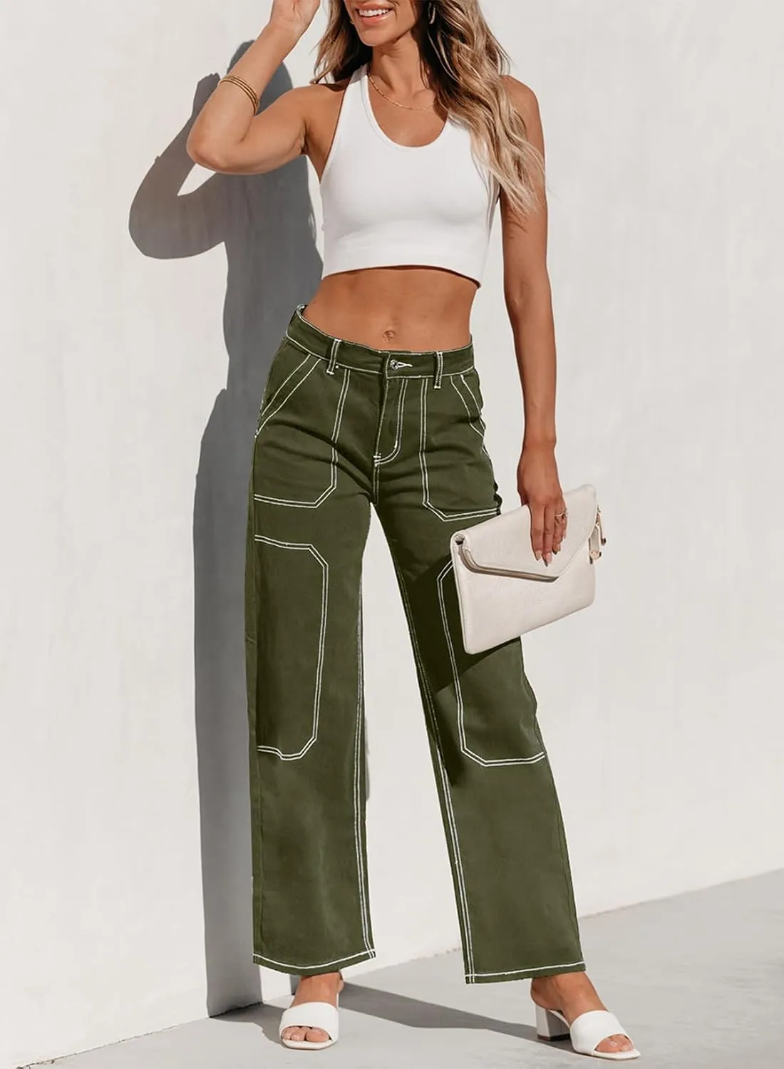 Sidefeel Women's Cargo Jeans Casual Loose Mid Rise Wide Leg Denim Pants