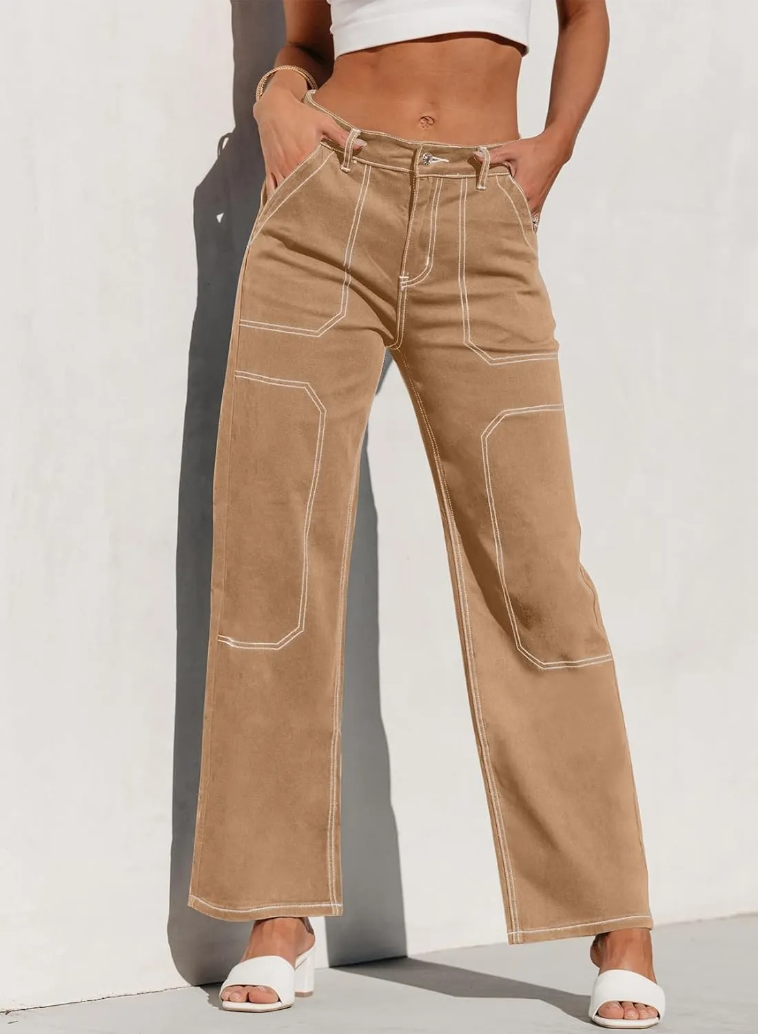 Sidefeel Women's Cargo Jeans Casual Loose Mid Rise Wide Leg Denim Pants