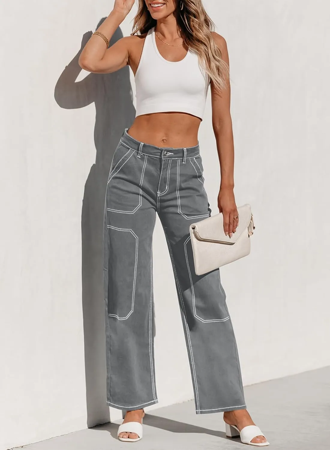 Sidefeel Women's Cargo Jeans Casual Loose Mid Rise Wide Leg Denim Pants