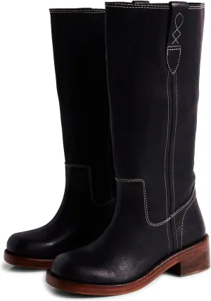 SIFINELAR Women's Banana Knee High Boots Square Toe Chunky Block Heel Tall Boots Wide Calf Fashion Comfortable Casual Pull on Long Boots