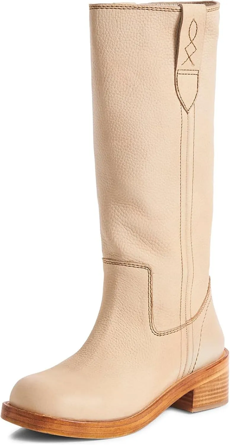 SIFINELAR Women's Banana Knee High Boots Square Toe Chunky Block Heel Tall Boots Wide Calf Fashion Comfortable Casual Pull on Long Boots