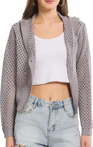 Simple&Opulence Women's Crochet Cardigan Cover Up Lightweight V Neck Summer Mesh Sweater Knit Tops Casual Jacket Hooded