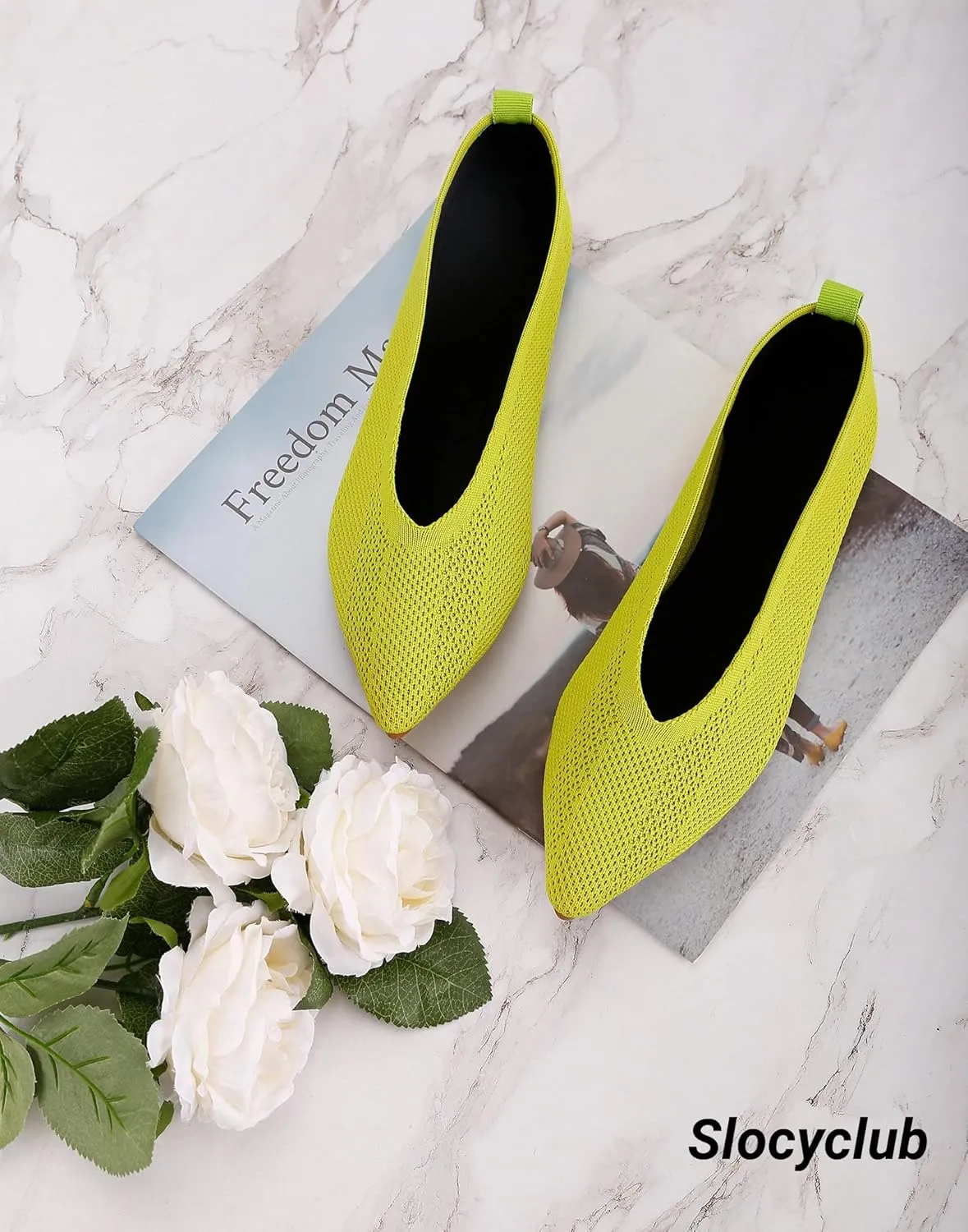 Slocyclub Flat Shoes for Women Classic Pointed Toe Slip On Ballet Shoes Knitted Texture Black Comfortable Dress Shoes