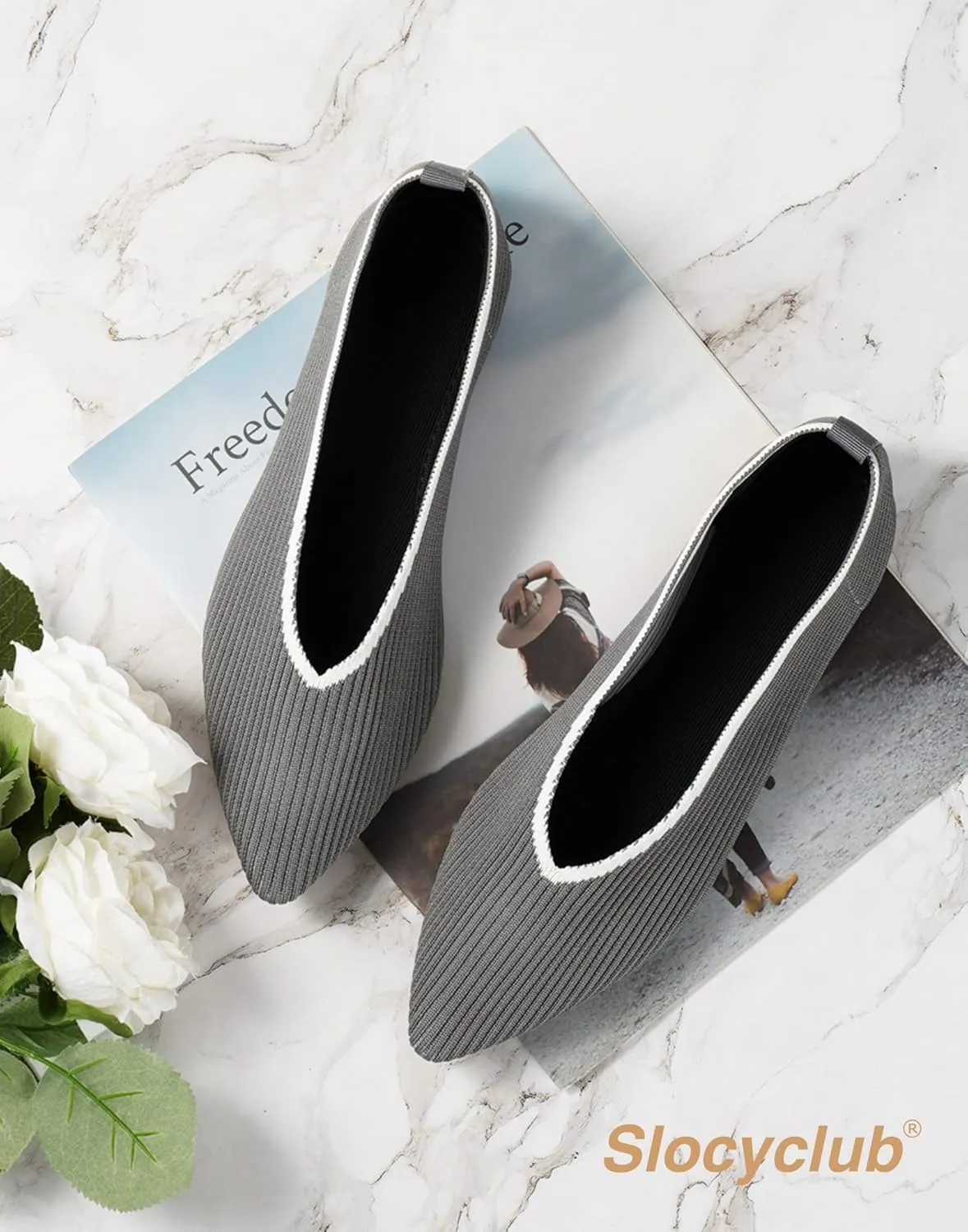 Slocyclub Flat Shoes for Women Classic Pointed Toe Slip On Ballet Shoes Knitted Texture Black Comfortable Dress Shoes