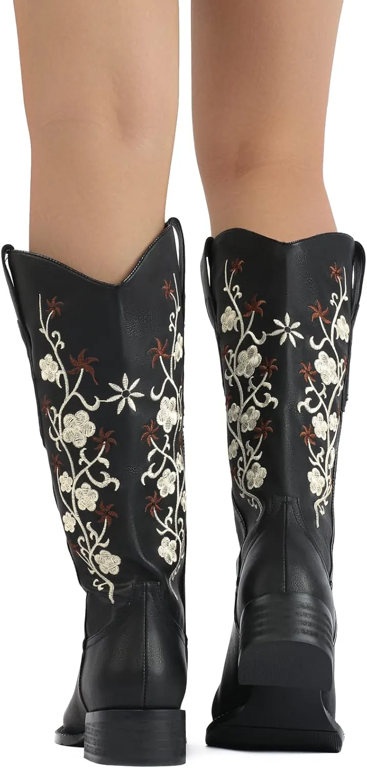 SO SIMPOK Cowboy Boots for Women Flower Embroidered Cowgirl Boots Retro Pull on Western Boots Mid Calf Boots