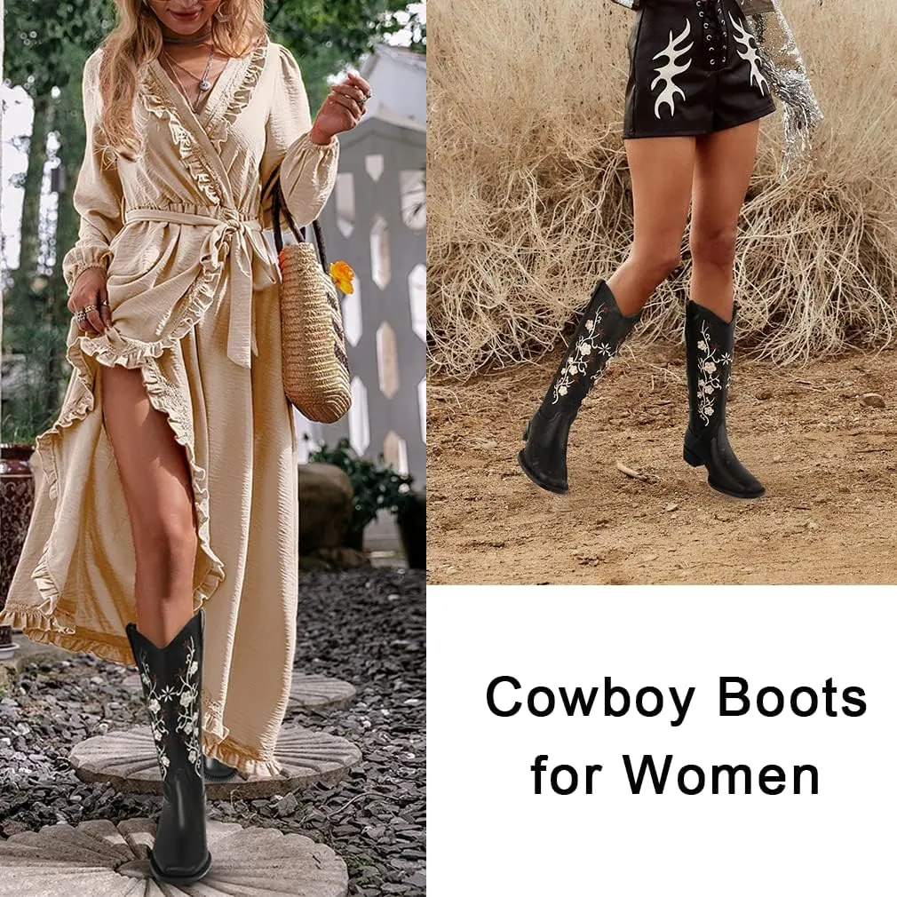 SO SIMPOK Cowboy Boots for Women Flower Embroidered Cowgirl Boots Retro Pull on Western Boots Mid Calf Boots