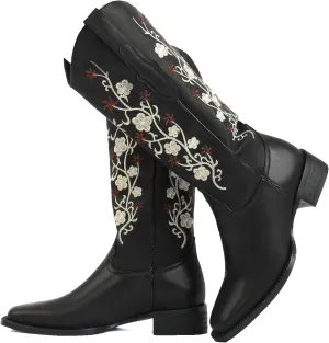 SO SIMPOK Cowboy Boots for Women Flower Embroidered Cowgirl Boots Retro Pull on Western Boots Mid Calf Boots