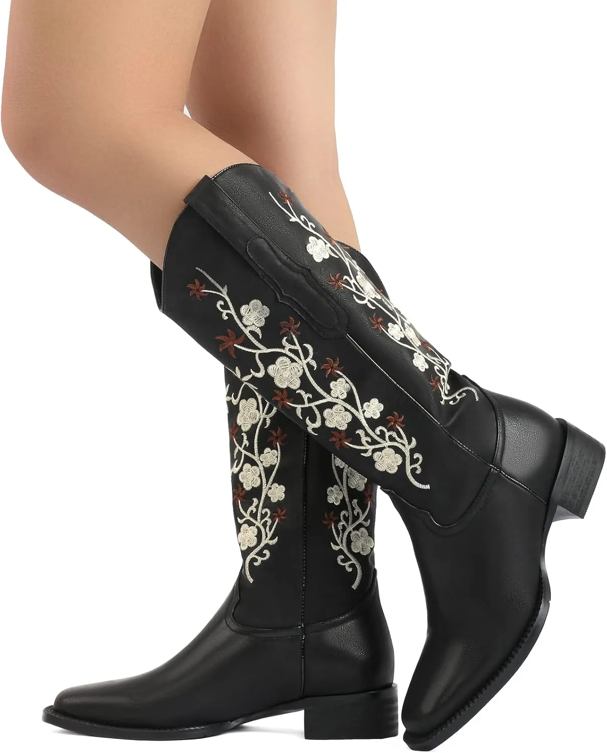 SO SIMPOK Cowboy Boots for Women Flower Embroidered Cowgirl Boots Retro Pull on Western Boots Mid Calf Boots