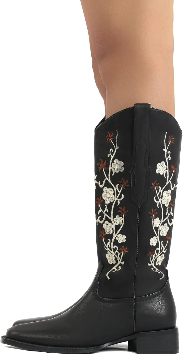 SO SIMPOK Cowboy Boots for Women Flower Embroidered Cowgirl Boots Retro Pull on Western Boots Mid Calf Boots