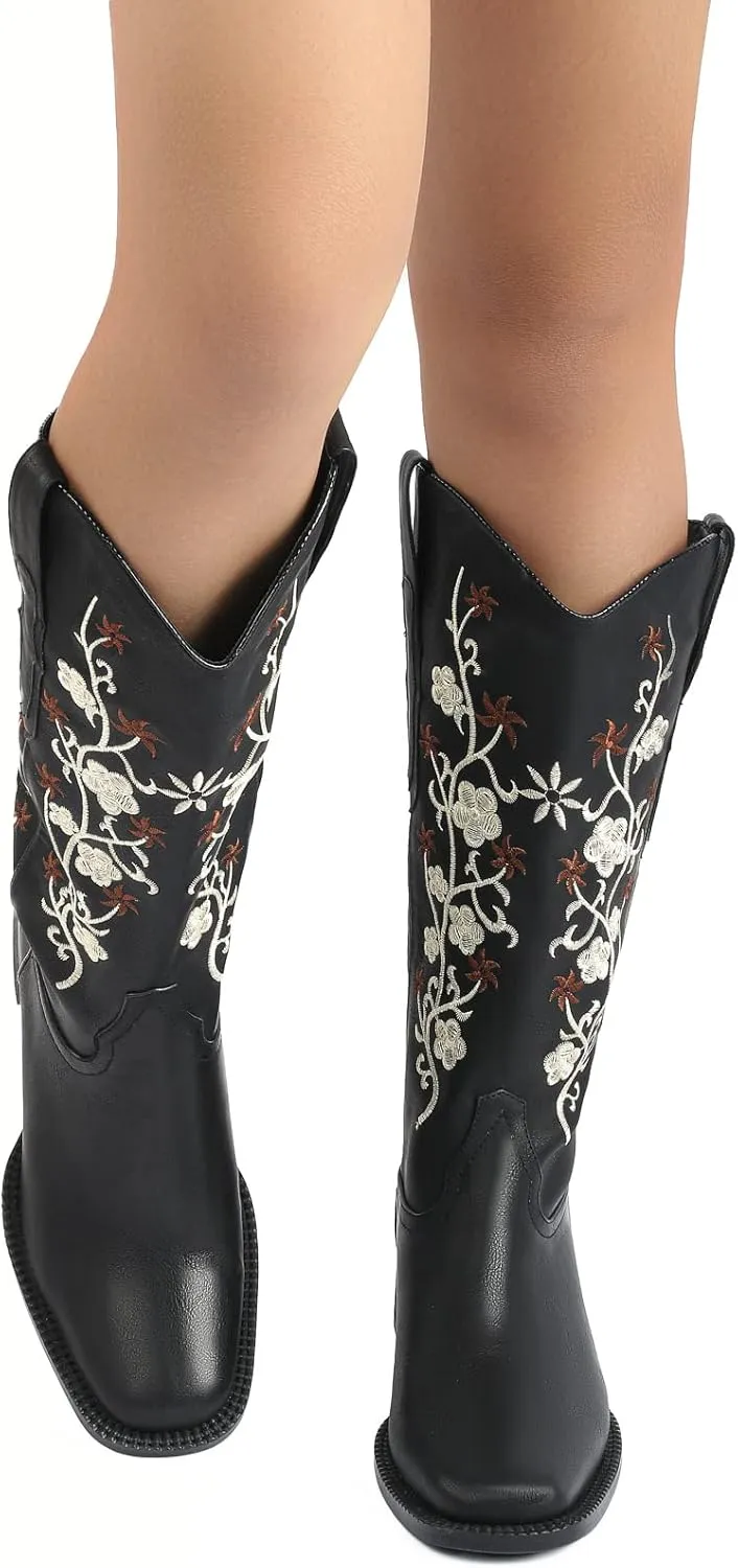 SO SIMPOK Cowboy Boots for Women Flower Embroidered Cowgirl Boots Retro Pull on Western Boots Mid Calf Boots