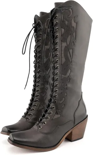 SO SIMPOK Lace Up Cowboy Boots for Women, Vintage Knee-High Cowgirl Boot, Low Heel Mid Calf Western Boots, Tall Square Toe Boot for Ladies