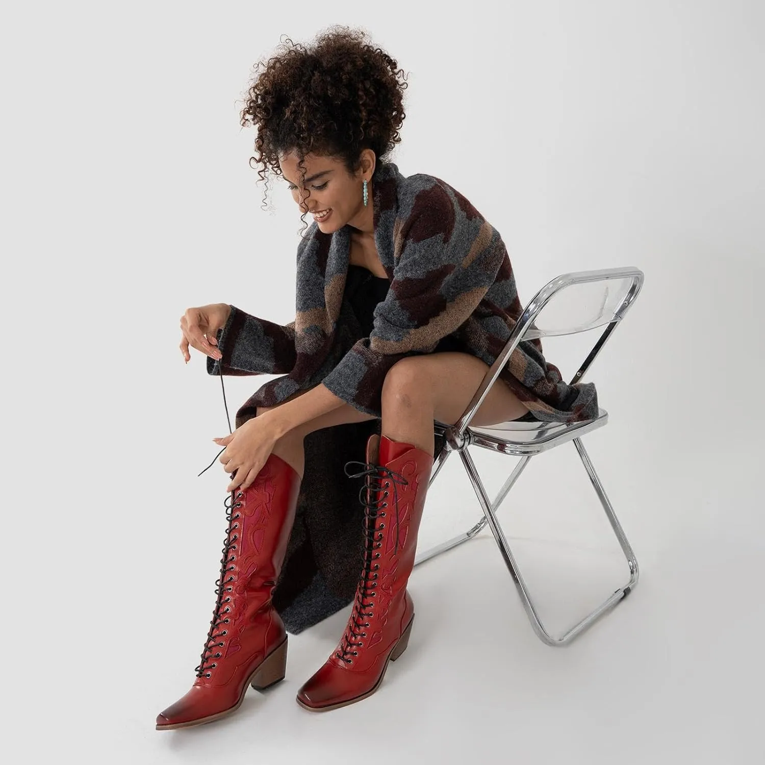 SO SIMPOK Lace Up Cowboy Boots for Women, Vintage Knee-High Cowgirl Boot, Low Heel Mid Calf Western Boots, Tall Square Toe Boot for Ladies