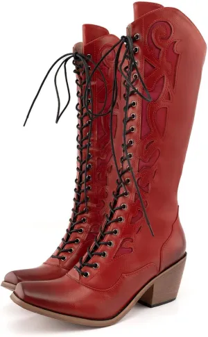 SO SIMPOK Lace Up Cowboy Boots for Women, Vintage Knee-High Cowgirl Boot, Low Heel Mid Calf Western Boots, Tall Square Toe Boot for Ladies