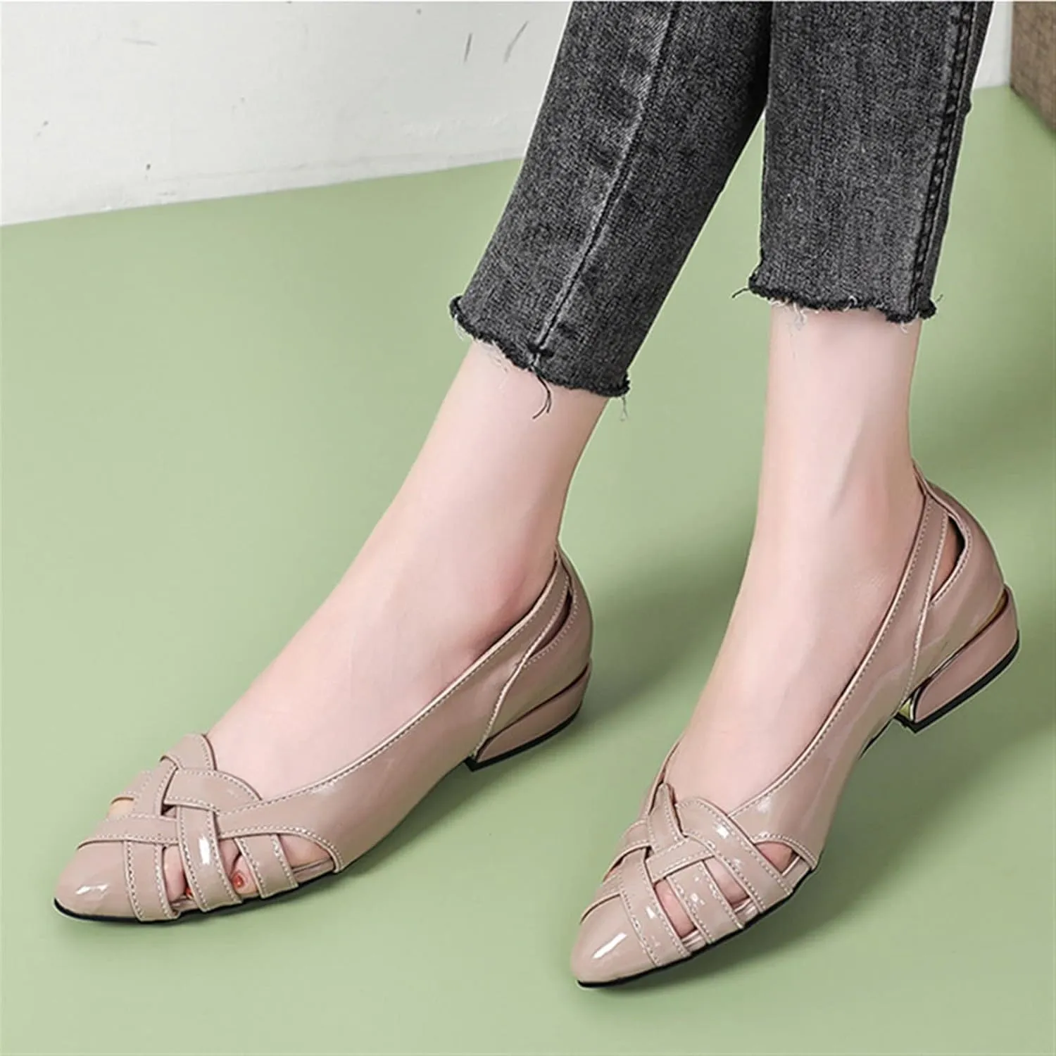 Soft Leather Cutout Sandals Plus Size Summer Shoes Fashion Casual Sandals Square Heel Pumps Ladies Pointed Toe Low Heels Loafers (Color : Black, Shoe Size : 7.5)
