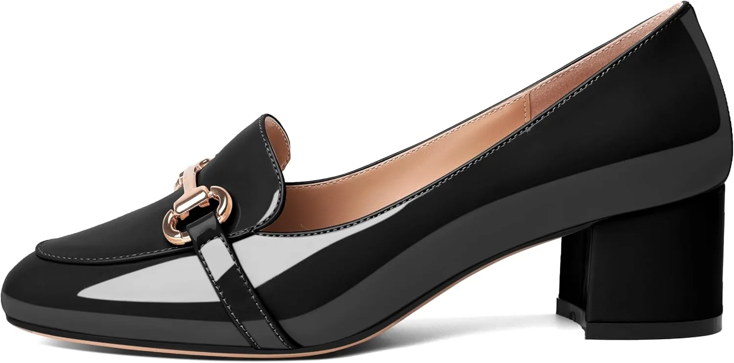 Soireelady Loafers Heels for Women ，Ladies Chunky Heels with Chains, Closed Round Toe Heels Comfortable Shoes, 2‘’ Slip On Heels Low Pumps for Women Office Wedding Evening