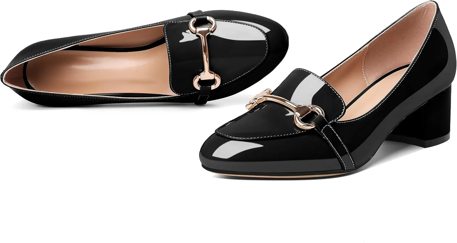 Soireelady Loafers Heels for Women ，Ladies Chunky Heels with Chains, Closed Round Toe Heels Comfortable Shoes, 2‘’ Slip On Heels Low Pumps for Women Office Wedding Evening