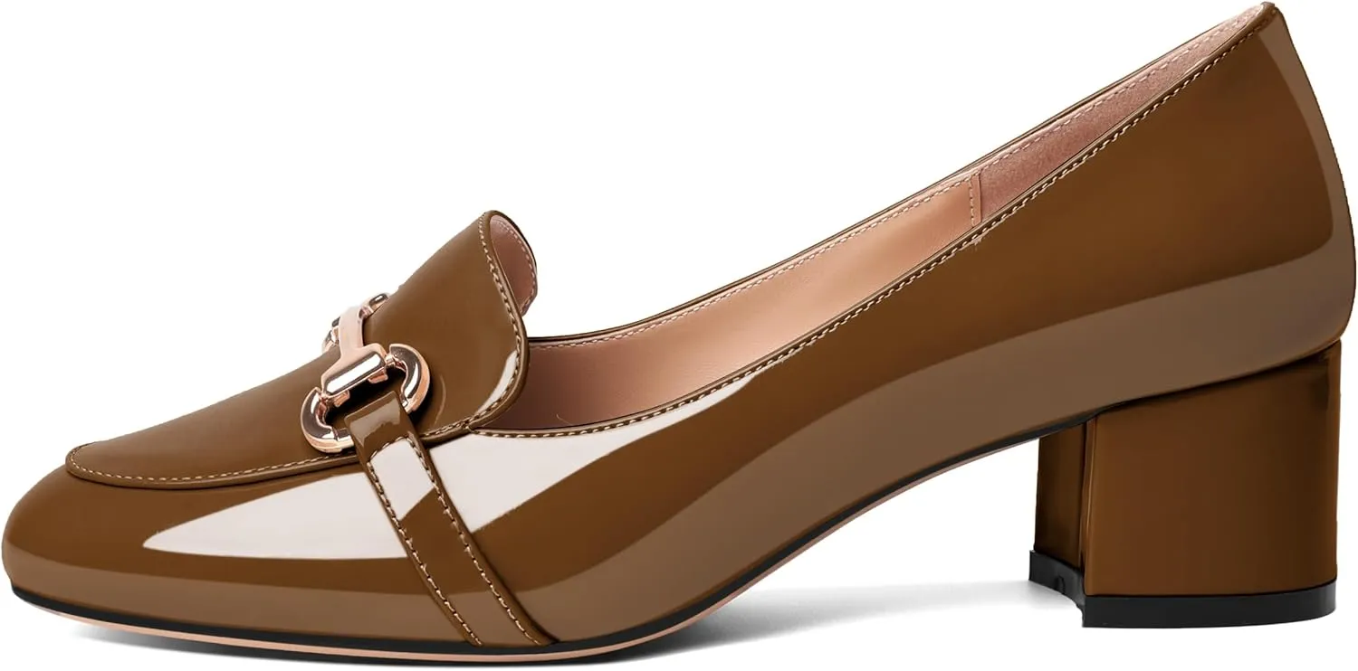 Soireelady Loafers Heels for Women ，Ladies Chunky Heels with Chains, Closed Round Toe Heels Comfortable Shoes, 2‘’ Slip On Heels Low Pumps for Women Office Wedding Evening