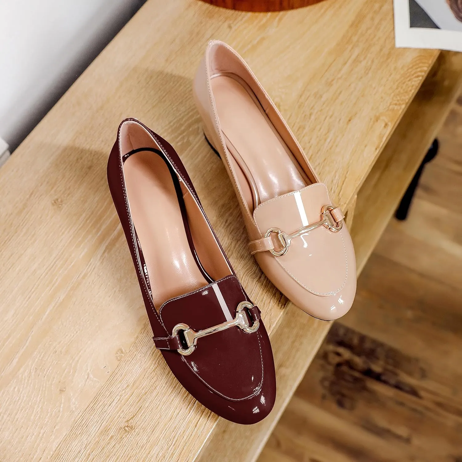 Soireelady Loafers Heels for Women ，Ladies Chunky Heels with Chains, Closed Round Toe Heels Comfortable Shoes, 2‘’ Slip On Heels Low Pumps for Women Office Wedding Evening