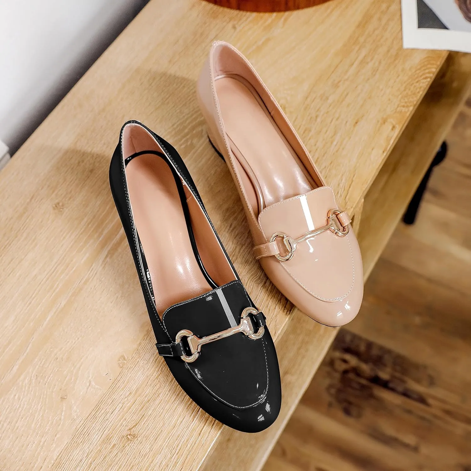 Soireelady Loafers Heels for Women ，Ladies Chunky Heels with Chains, Closed Round Toe Heels Comfortable Shoes, 2‘’ Slip On Heels Low Pumps for Women Office Wedding Evening