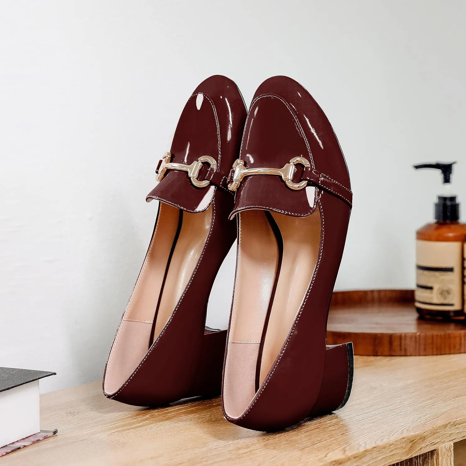 Soireelady Loafers Heels for Women ，Ladies Chunky Heels with Chains, Closed Round Toe Heels Comfortable Shoes, 2‘’ Slip On Heels Low Pumps for Women Office Wedding Evening