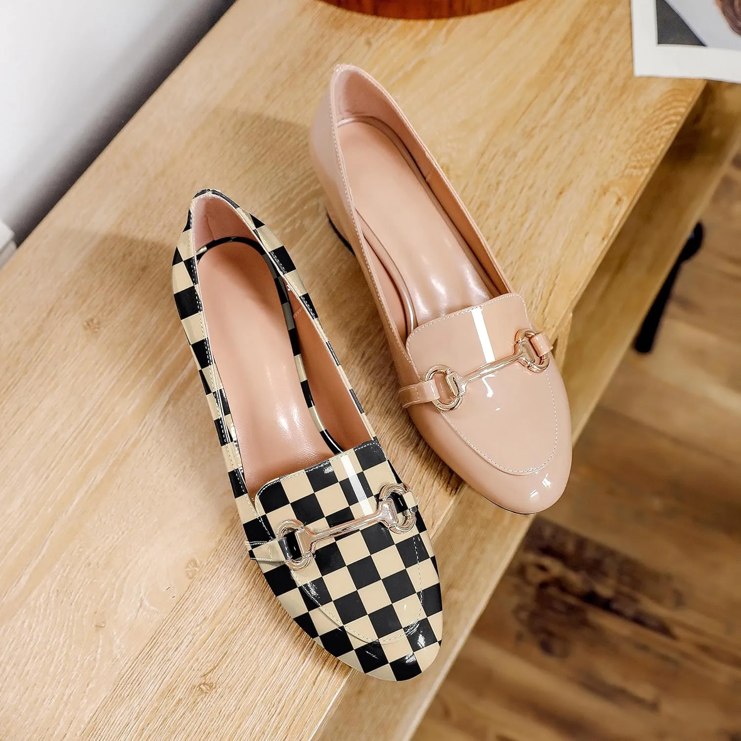 Soireelady Loafers Heels for Women ，Ladies Chunky Heels with Chains, Closed Round Toe Heels Comfortable Shoes, 2‘’ Slip On Heels Low Pumps for Women Office Wedding Evening