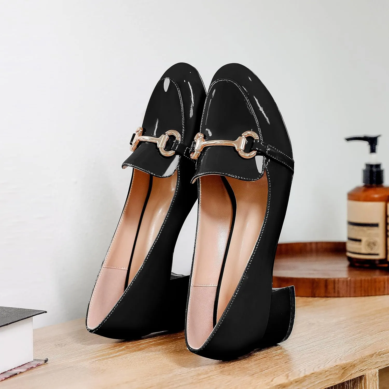 Soireelady Loafers Heels for Women ，Ladies Chunky Heels with Chains, Closed Round Toe Heels Comfortable Shoes, 2‘’ Slip On Heels Low Pumps for Women Office Wedding Evening