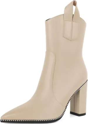 Soireelady Womens Cowboy Ankle Boots Western Booties Pointed Toe Chunky Block Heel Beaded Short Booties Side Zipper Fashion Shoes 4 Inch