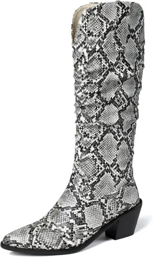 SoundSky Colorful Snakeskin Cowgirl Boots Pointed Toe Snake Print Western Knee High Boots Chunky Block Heels Pull On Boots for Women