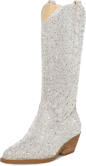 STALOV Cowboy Boots for Women,Western Pointed Toe Chunky Heel Pull-On Knee High Cowgirl Boots Fashion Embroidered Tall