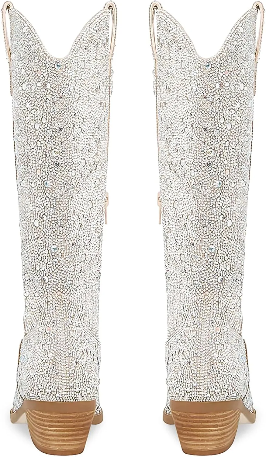 STALOV Cowboy Boots for Women,Western Pointed Toe Chunky Heel Pull-On Knee High Cowgirl Boots Fashion Embroidered Tall