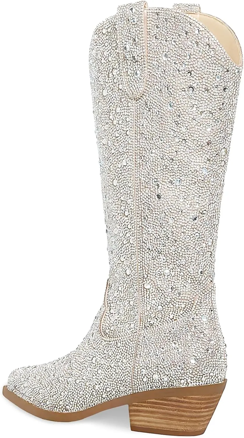 STALOV Cowboy Boots for Women,Western Pointed Toe Chunky Heel Pull-On Knee High Cowgirl Boots Fashion Embroidered Tall