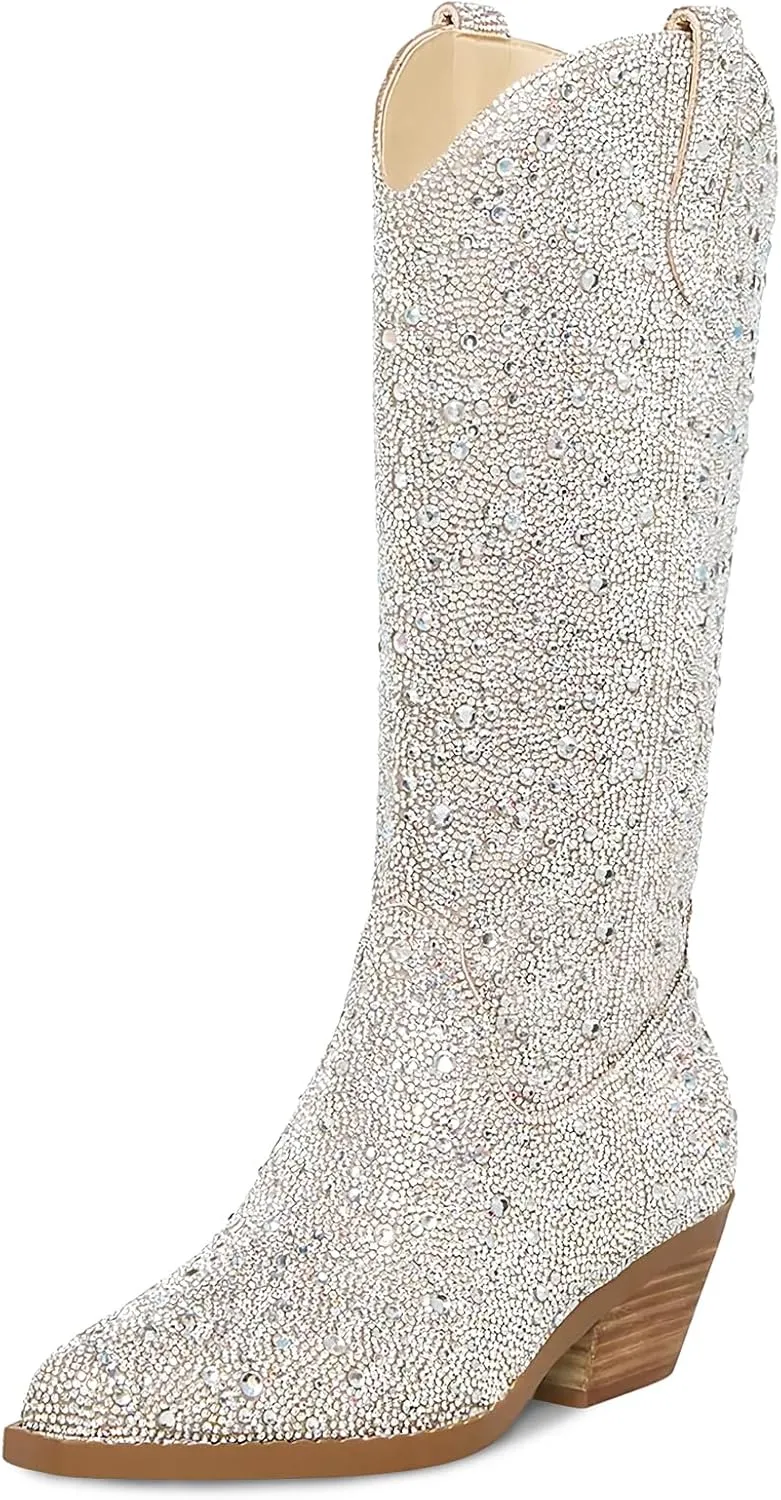 STALOV Cowboy Boots for Women,Western Pointed Toe Chunky Heel Pull-On Knee High Cowgirl Boots Fashion Embroidered Tall