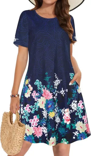 Summer Dresses for Women Casual Tshirt Short Sleeve Floral Sundress Beach Cover Ups with Pockets