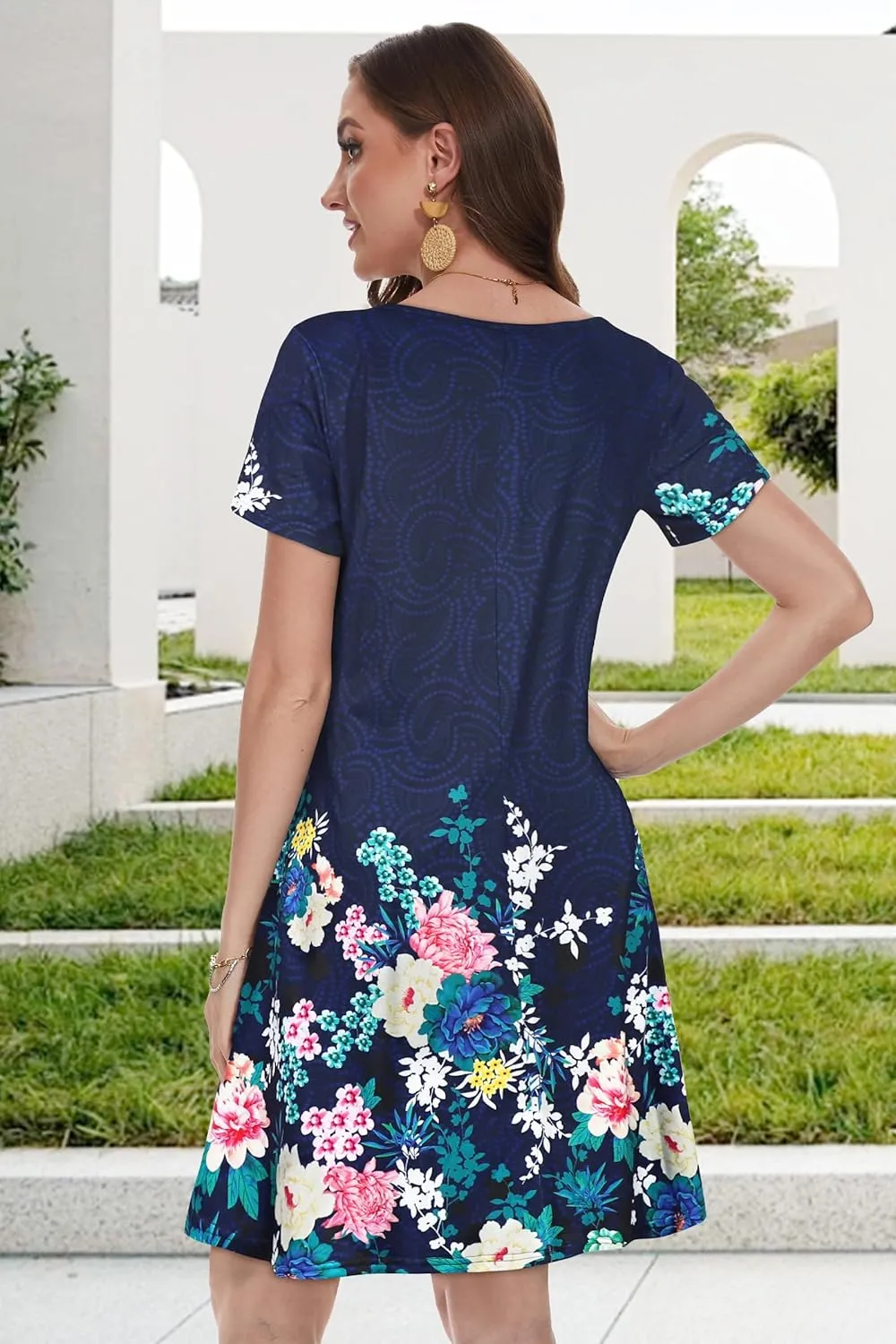 Summer Dresses for Women Casual Tshirt Short Sleeve Floral Sundress Beach Cover Ups with Pockets