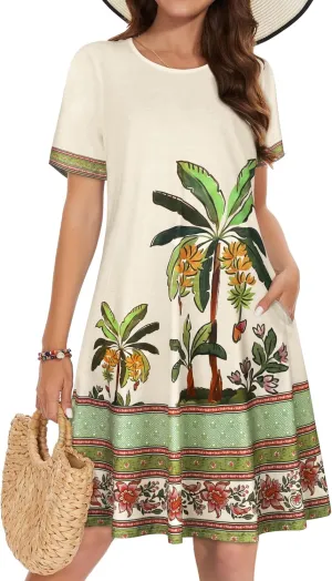 Summer Dresses for Women Casual Tshirt Short Sleeve Floral Sundress Beach Cover Ups with Pockets