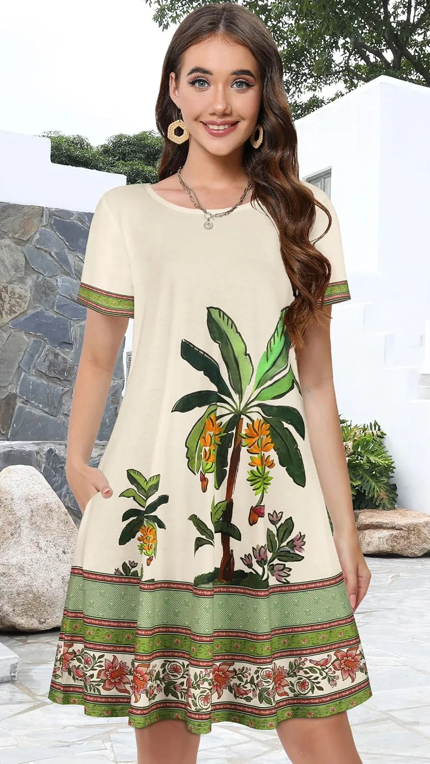 Summer Dresses for Women Casual Tshirt Short Sleeve Floral Sundress Beach Cover Ups with Pockets