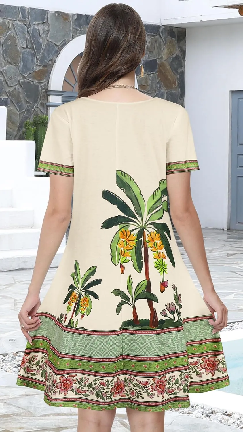 Summer Dresses for Women Casual Tshirt Short Sleeve Floral Sundress Beach Cover Ups with Pockets