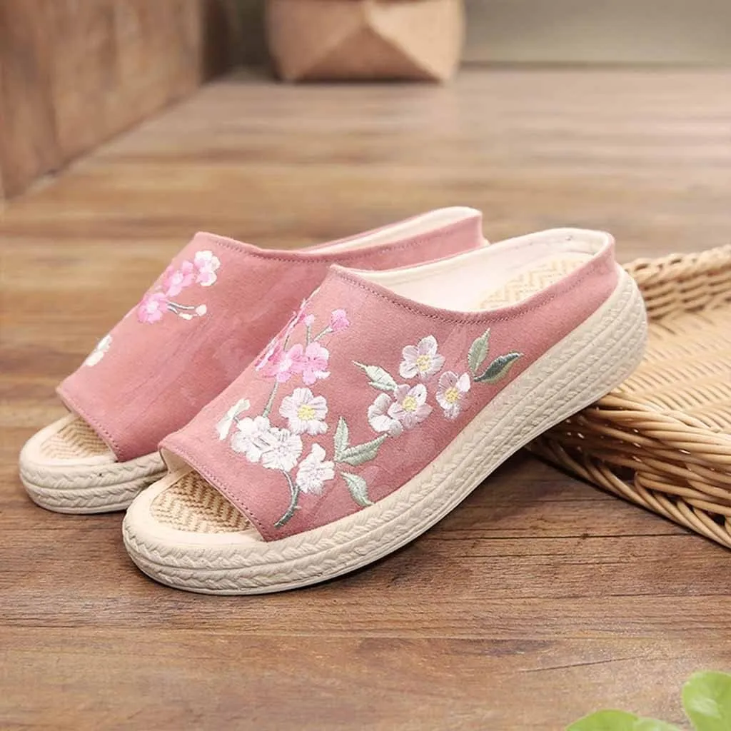 Summer Slippers,Embroidered Flower Women's Shoes Backless Mules Comfortable Flats Round Toe Loafers Chinese Style Canvas Slippers Cute ls