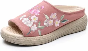 Summer Slippers,Embroidered Flower Women's Shoes Backless Mules Comfortable Flats Round Toe Loafers Chinese Style Canvas Slippers Cute ls