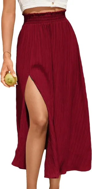 SweatyRocks Women's Casual High Waist Split Thigh Skirts High Waisted Solid Midi Skirts