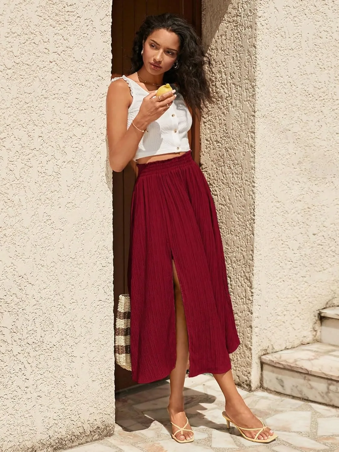 SweatyRocks Women's Casual High Waist Split Thigh Skirts High Waisted Solid Midi Skirts