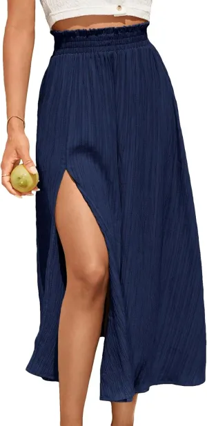 SweatyRocks Women's Casual High Waist Split Thigh Skirts High Waisted Solid Midi Skirts