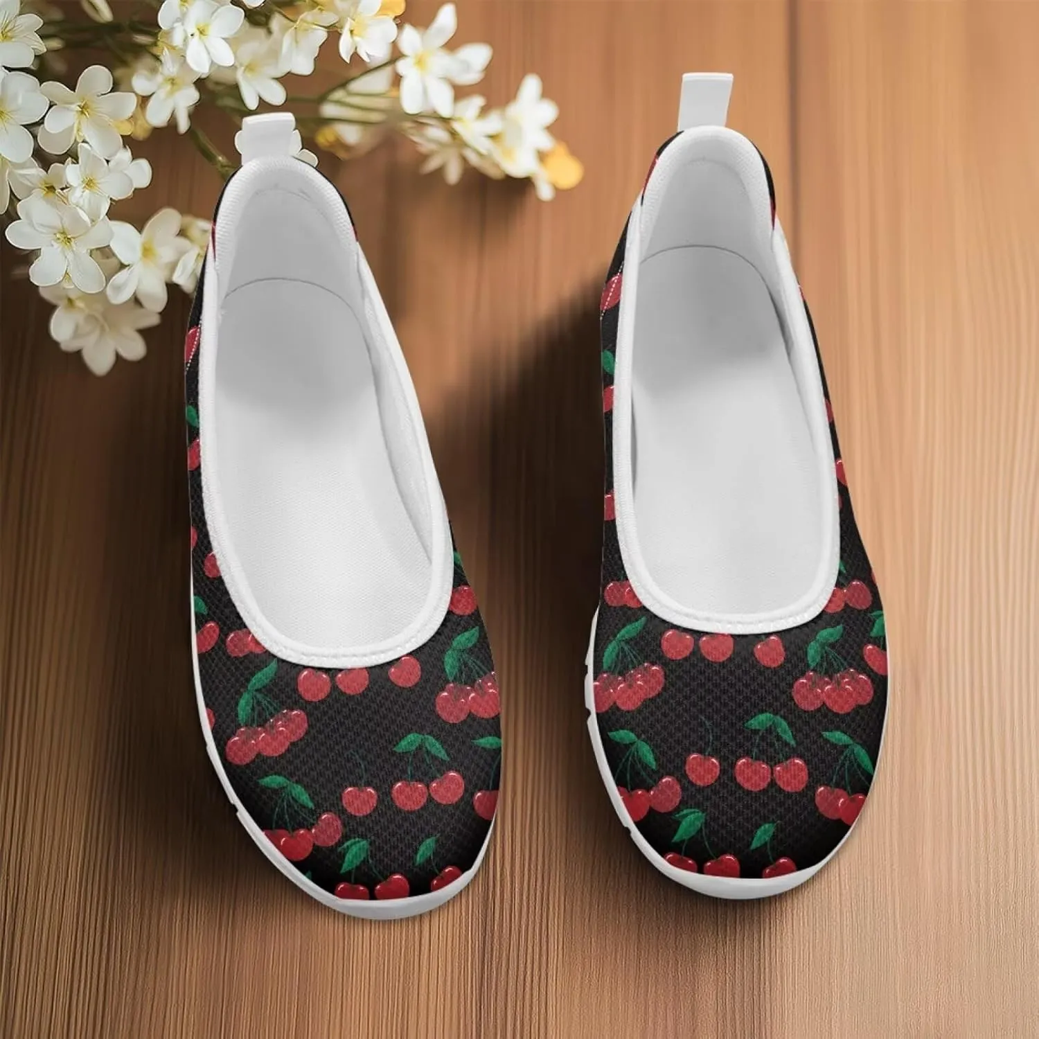 Sweet Fruit Printed Womens Ballet Flats Dress Shoes Slip On Mesh Casual Sneakers Round Toe Platform Loafers Lightweight Office & Travel