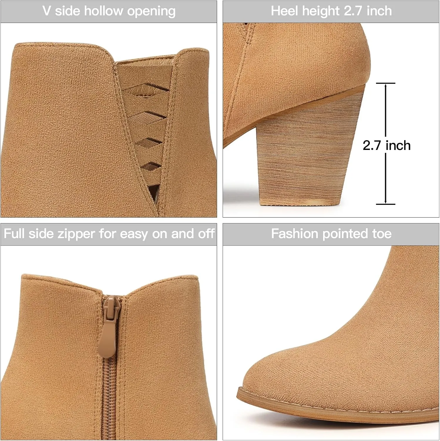 TEMOFON Ankle Boots for Women Booties: Suede Short Boot with Chunky Low Heel, Almond Toe Comfortable Dressy Shoes Side Zipper 2024 Trendy Fall