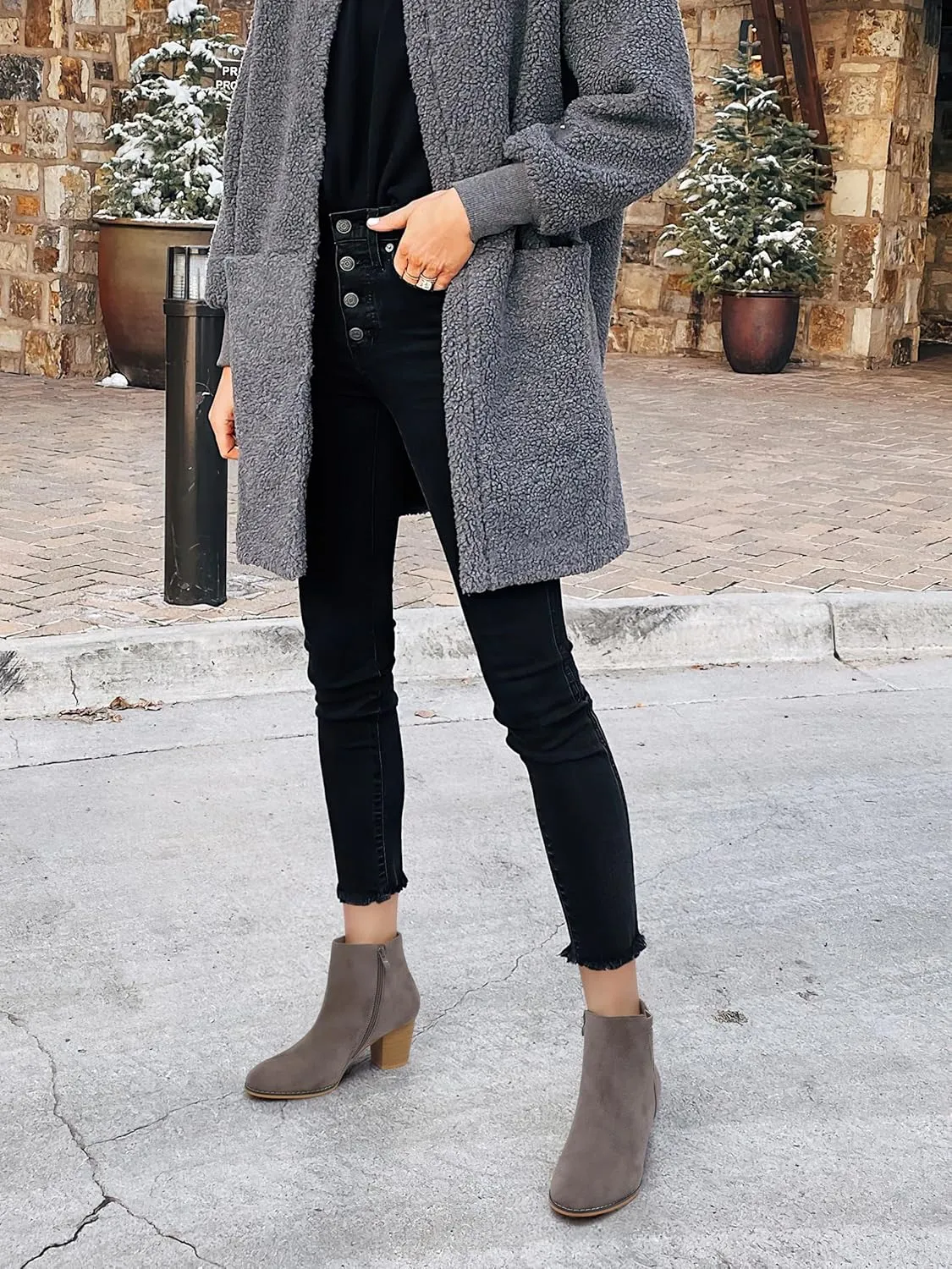 TEMOFON Ankle Boots for Women Booties: Suede Short Boot with Chunky Low Heel, Almond Toe Comfortable Dressy Shoes Side Zipper 2024 Trendy Fall