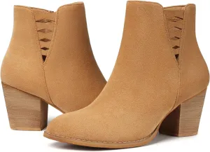 TEMOFON Ankle Boots for Women Booties: Suede Short Boot with Chunky Low Heel, Almond Toe Comfortable Dressy Shoes Side Zipper 2024 Trendy Fall