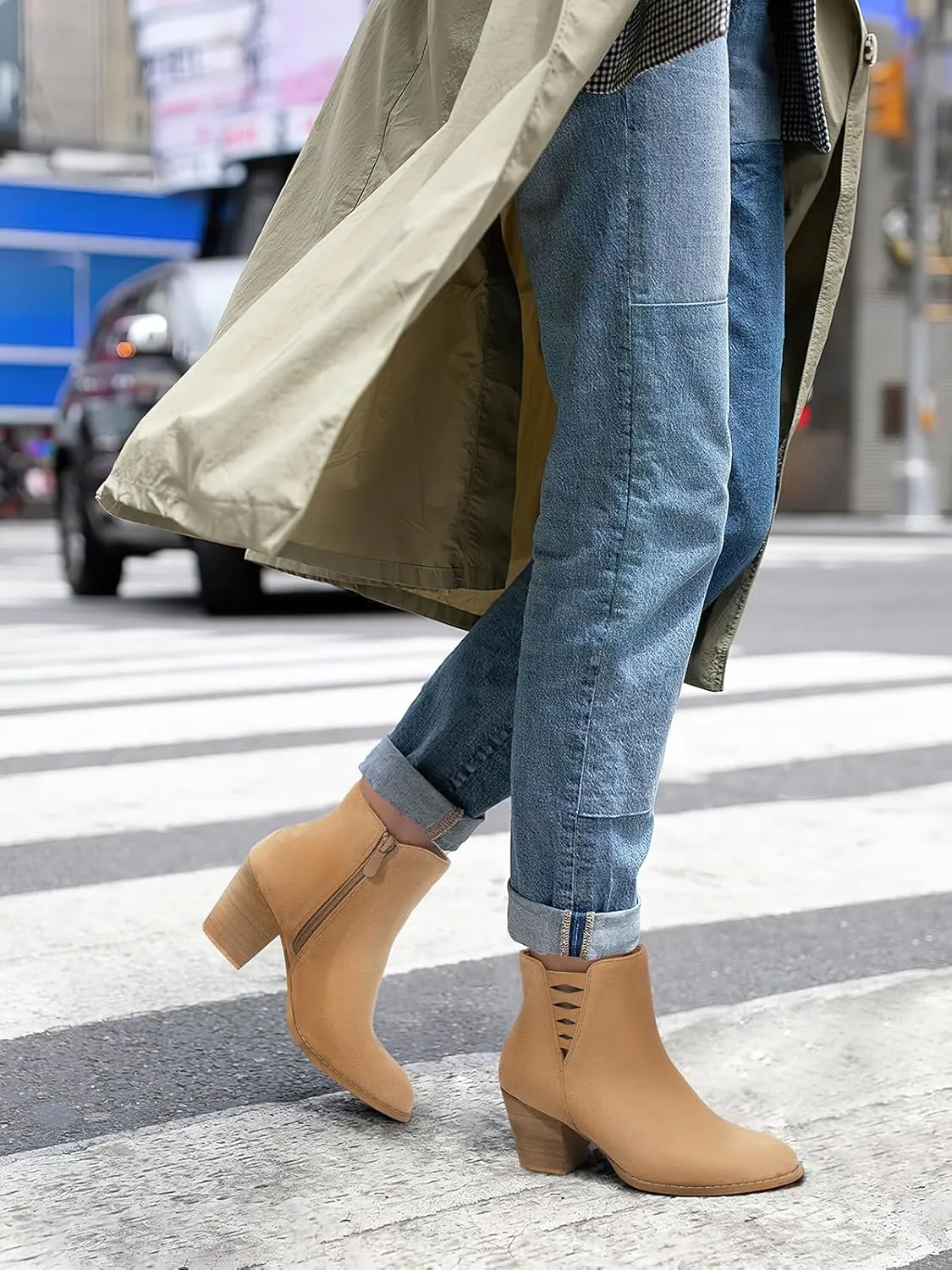 TEMOFON Ankle Boots for Women Booties: Suede Short Boot with Chunky Low Heel, Almond Toe Comfortable Dressy Shoes Side Zipper 2024 Trendy Fall
