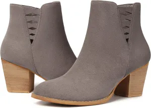 TEMOFON Ankle Boots for Women Booties: Suede Short Boot with Chunky Low Heel, Almond Toe Comfortable Dressy Shoes Side Zipper 2024 Trendy Fall